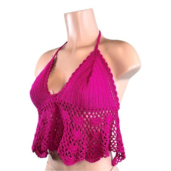 Crochet Halter Top in Vibrant Pink - Picture 2 of 11